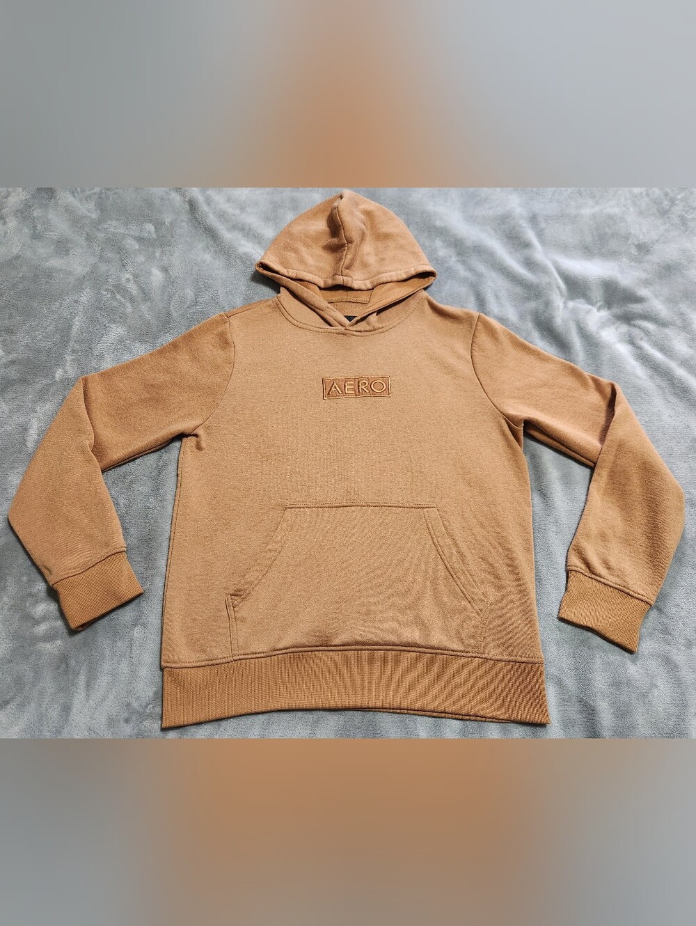 Aeropostale Camel Brown Box Logo Pullover Fleece Hoodie Sweatshirt Size Large